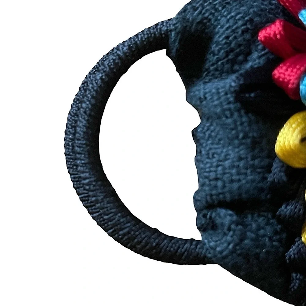 Rebecca's Wide Black Textile Belt D Ring Multicolor Flower Detail Vintage M/L